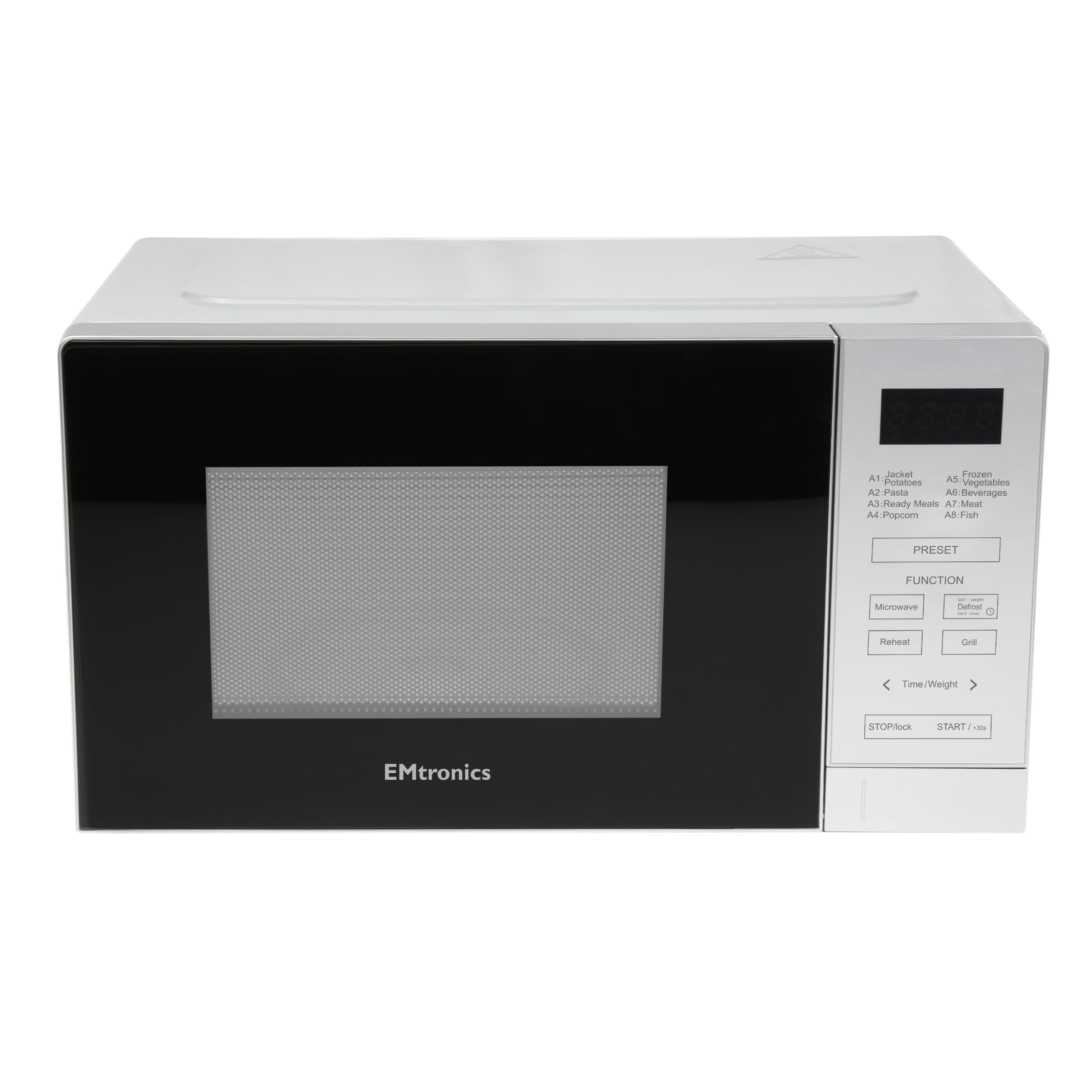 EMtronics 20 Litre 700W Digital Microwave with 800w Grill, 10 Power Levels, 8 Preset Options, Defrost Function and Cavity Light - Silver