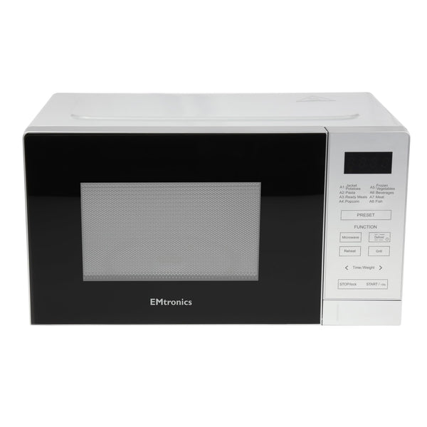 EMtronics 20 Litre 700W Digital Microwave with 800w Grill, 10 Power Levels, 8 Preset Options, Defrost Function and Cavity Light - Silver