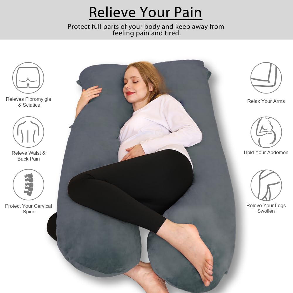 Chilling Home Pregnancy Pillows for Sleeping,U Shaped Maternity Pillow Pillow,55 inch Full Body Pillow Long Pillows for Sleeping, Maternity&Body Pillows for adults with Cover Velvet,Light Black