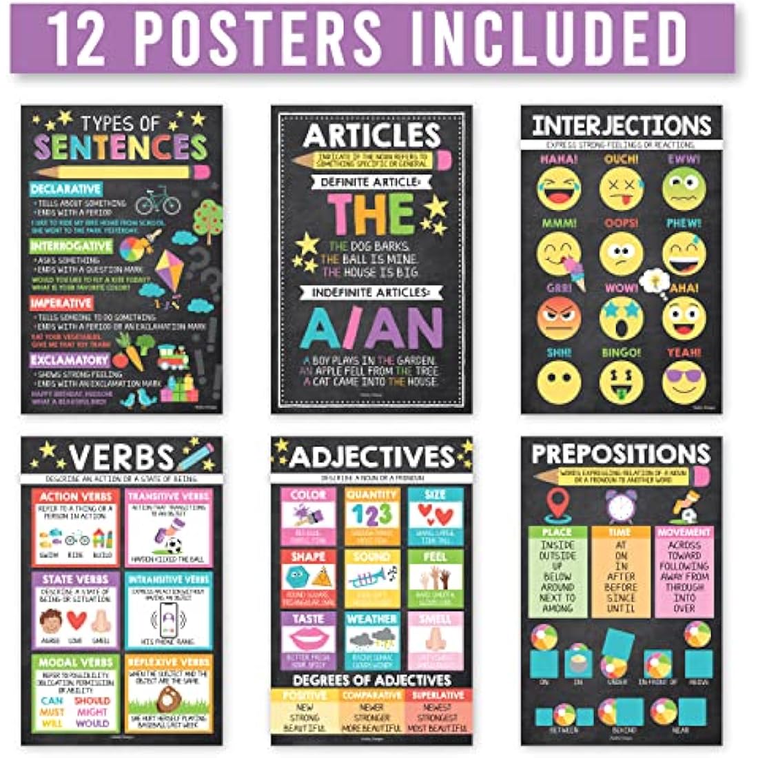 Hadley Designs 12 Chalkboard Parts of Speech Posters for Elementary Classroom - Grammar Posters for Language Arts