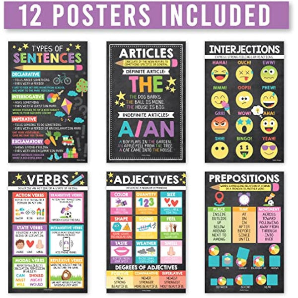 Hadley Designs 12 Chalkboard Parts of Speech Posters for Elementary Classroom - Grammar Posters for Language Arts