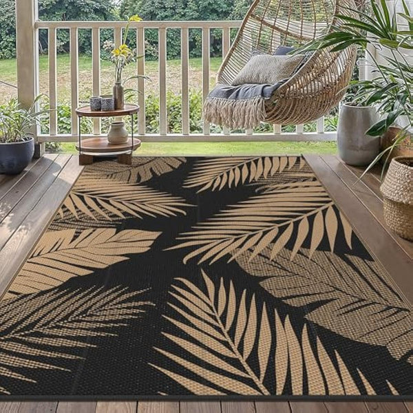 GENIMO Outdoor Rug 275 x 365 cm – Extra Large Waterproof Reversible Garden Rugs, UV Resistant & Washable Plastic Carpet for Patio, RV, Picnic, Backyard, Balcony – Black & Brown