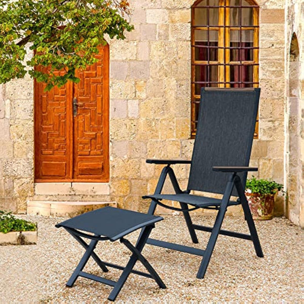 Grand patio folding chair, Aluminium garden chairs with Armrest & Mesh breathable Seat, Adjustable 6 Position High Backrest, foldable dining chair for Outdoor, Garden, Dining room (Black)