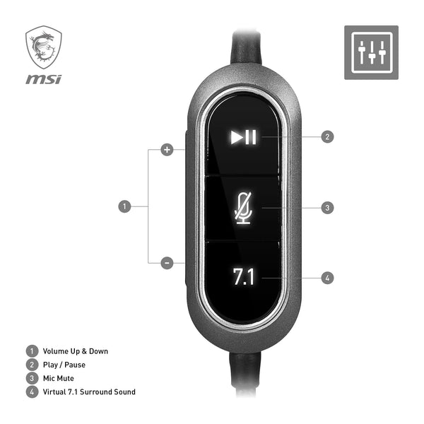 MSI IMMERSE GH50 GAMING HEADSET - 7.1 Virtual Surround Sound, Vibration Feedback, 40mm Neodymium Drivers, RGB Lighting, Detachable Mic, Inline Controls, USB 2.0 Connector - Wired (Package may vary)