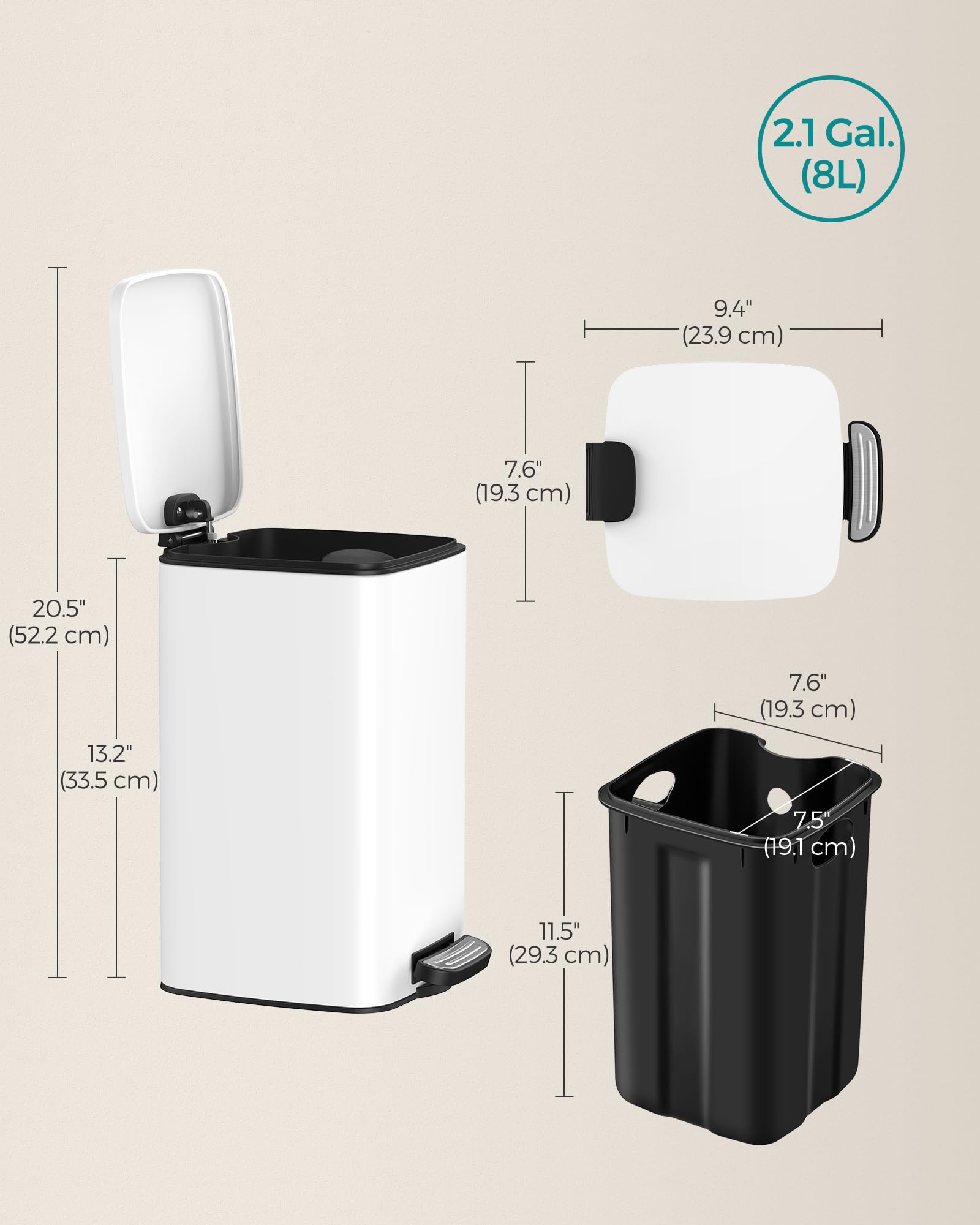 SONGMICS Kitchen Bin, 8-Gallon (30 L) Trash Bin, Steel Pedal Bin, with Inner Bucket, Soft Close and Stays Open, Metallic Silver LTB593E01