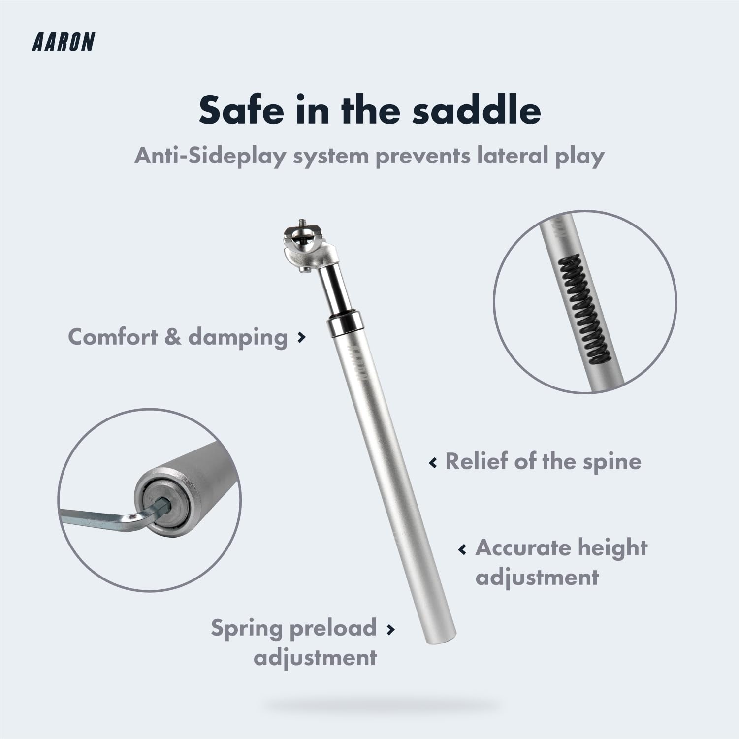 AARON - Spring suspension seatpost - Aluminum - For E-bikes, MTB, Trekking Bikes, City Bikes - 27.2mm Diameter, 13.8" (350mm) Length - silver