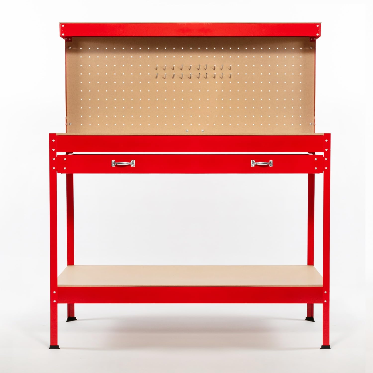 SwitZer New Red Steel Garage Tool Box Toolbox Work Bench Workbench Storage With Drawers Pegboard and 20 Pegs Shelf DIY Workshop Station