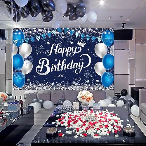Happy Birthday Banner - 1.1 x 1.8m Blue Silver Backdrop, Decorations for Boys & Girls, Perfect for Birthday & Anniversary Parties
