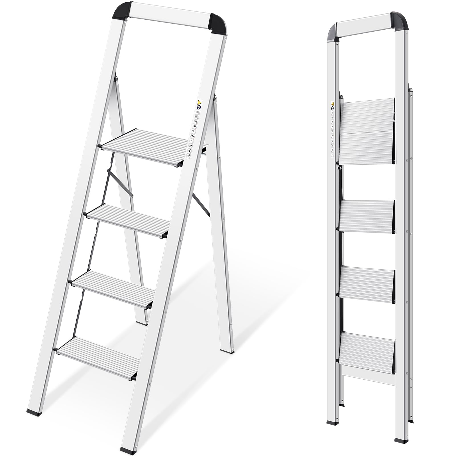 KINGRACK 2 Step Ladder with Handrail, Non-Slip Household Ladder with Folding Safety, Aluminium Folding Step Stool, Maximum Load 150 kg, Black