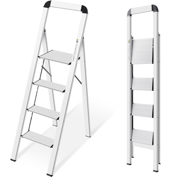 KINGRACK 2 Step Ladder with Handrail, Non-Slip Household Ladder with Folding Safety, Aluminium Folding Step Stool, Maximum Load 150 kg, Black