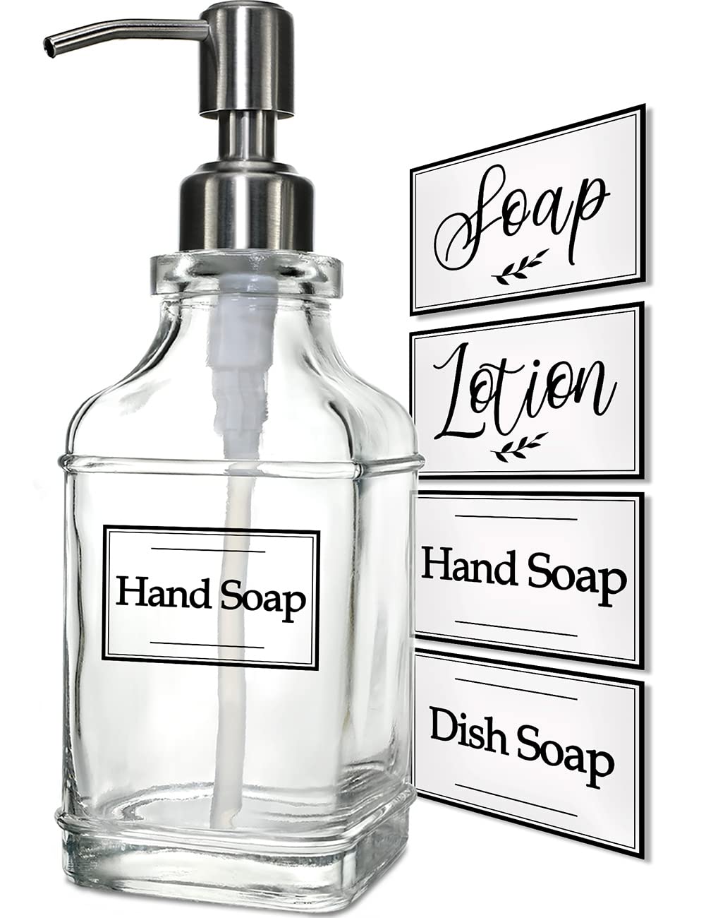 JASAI Antique Design Soap Dispenser with Rust Proof 304 Stainless Steel Pump, Refillable Clear Glass soap Dispenser with 10Pcs Clear Stickers, Premium