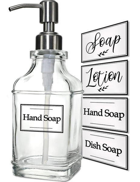 JASAI Antique Design Soap Dispenser with Rust Proof 304 Stainless Steel Pump, Refillable Clear Glass soap Dispenser with 10Pcs Clear Stickers, Premium