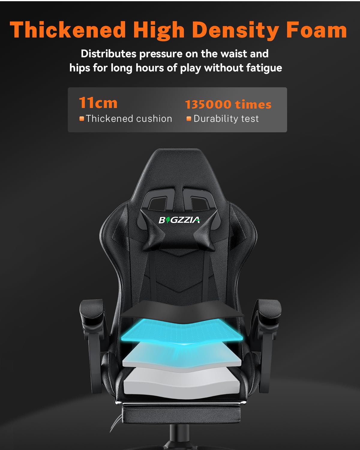 bigzzia RGB Gaming Chair with LED Lights and Ergonomic Computer Chair Reclining PU Leather High Back Video Game Chair with Headrest Adjustable Lumbar Support Linkage Armrest for Adults (Black/Grey)