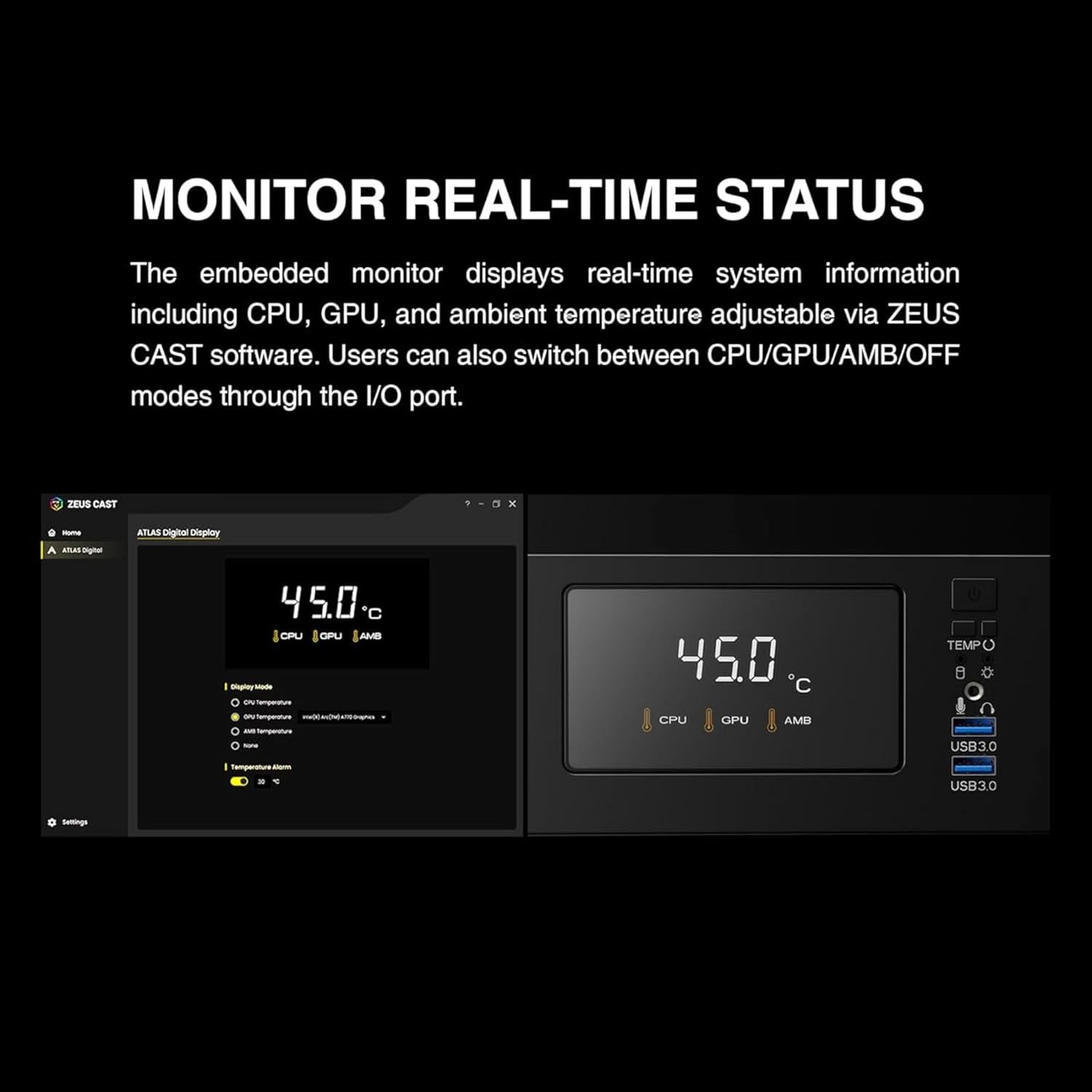 GAMDIAS ATLAS E1 Gaming ATX Mid Tower Computer PC Case, Customizable Digital Monitor w/ Software, 3 x 120mm ARGB Fans, Panoramic Tempered Glass Display, Perforated Airflow Vent PSU Chamber, Black