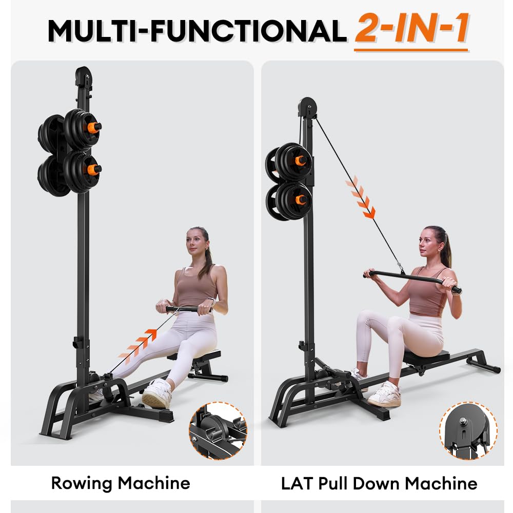 ONETWOFIT Foldable Rowing Machine & LAT Pull Down Machine 2 in 1 Multi-function Compact Rowing Machine for Home, Low Row Cable Fitness with Flat Weight Bench