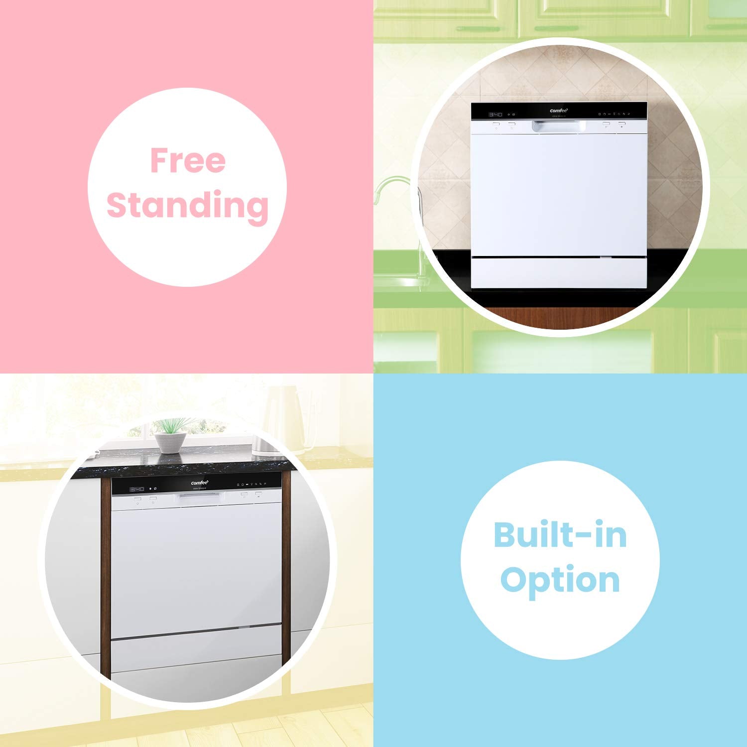 COMFEE' Freestanding Dishwasher CDWEF1034BW-UK 45cm Width, Slimline Dishwasher with 10 place settings, Quick Wash, Hygiene Wash, Delay Start, Half Load, Adjustable Basket - White