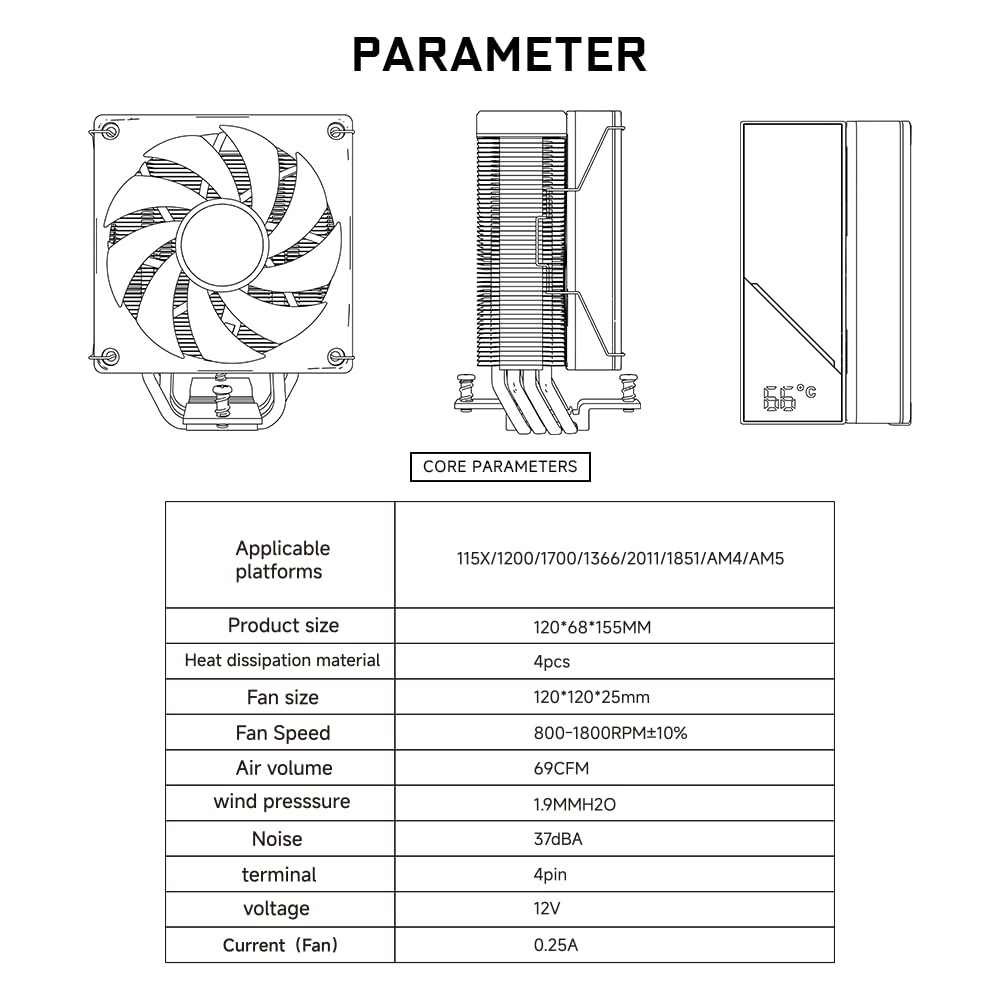 TZMRIT KF420 DGT ARGB CPU Cooler with temperature display, for Intel LGA 1700/1200/115X/1851/1366/2011, for AMD AM4/AM5 (BK)