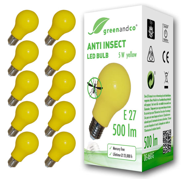 greenandco Anti-Mosquito and Anti-Insect LED Bulb E27, Yellow, 5W, 500lm, wavelength 560-580nm, Non-dimmable, 10-Pack