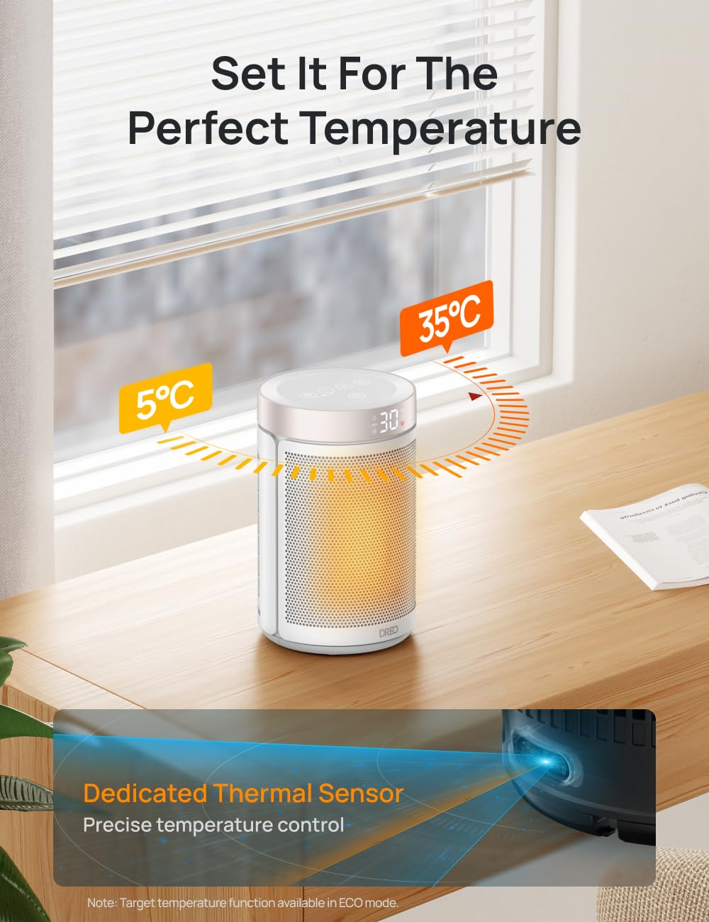 Dreo Electric Heater, 1500W Energy Efficient Space Silent Room Heater, Portable Ceramic Fan Heaters, Thermostat 3 Modes 12H Timer, Overheat & Tip Over Protection, for Bedroom, Atom 316, Gold