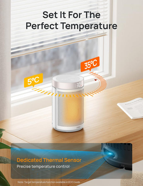 Dreo Electric Heater, 1500W Energy Efficient Space Silent Room Heater, Portable Ceramic Fan Heaters, Thermostat 3 Modes 12H Timer, Overheat & Tip Over Protection, for Bedroom, Atom 316, Gold