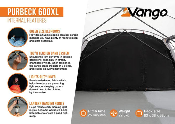 Vango Purbeck 600XL Family Tent [Amazon Exclusive], Large 6 Man Tent with 3 Rooms, Enclosed Porch Area, Double Living Area, Climate Windows - Vivid Grey