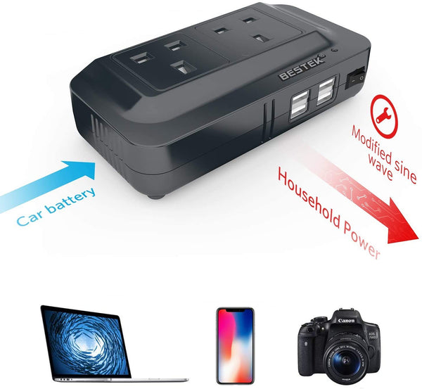 BESTEK 200W Power Inverter DC 12V to AC 230V 240V Dual Socket Car Voltage Converter Transformer with 4 USB Car Charger