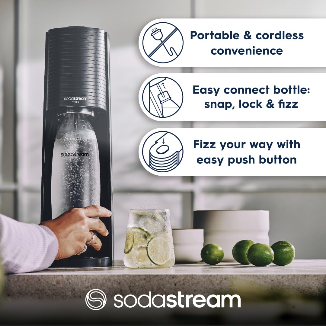 SodaStream - Terra Sparkling Water Maker, Quick Connect CO2 System, Includes 60L Gas Cylinder, BPA-Free 1L Bottle, Eco-Friendly & Reduces Plastic Waste, Black