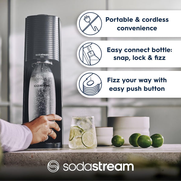 SodaStream - Terra Sparkling Water Maker, Quick Connect CO2 System, Includes 60L Gas Cylinder, BPA-Free 1L Bottle, Eco-Friendly & Reduces Plastic Waste, Black
