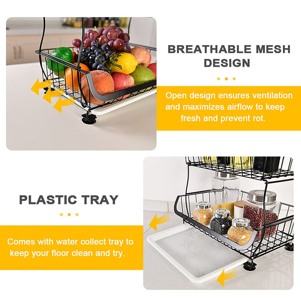 Fruit Vegetable Storage Basket Rack, 4 Tier Stackable Metal Wire Storage Baskets on Wheels, Fruit Vegetable Produce Basket Organizer Bins for Kitchen,