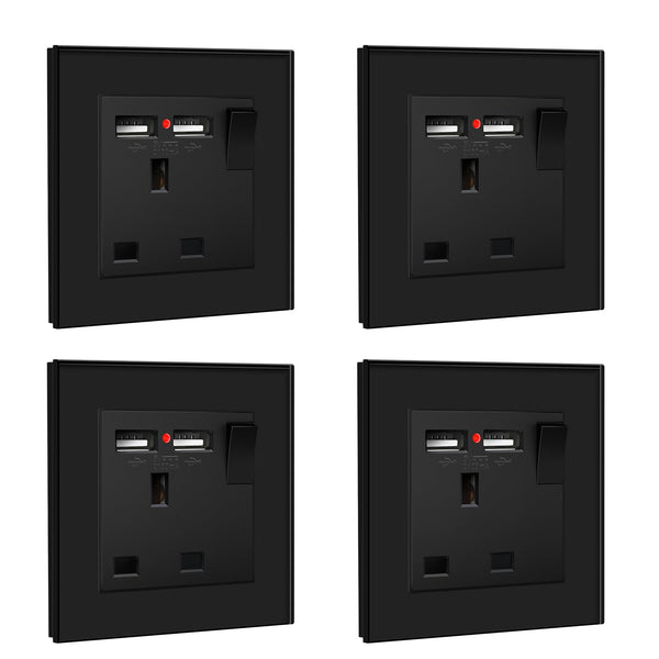 BSEED Double Socket 13A with LED Indicator, Double Switched Wall Socket 2 Gang UK Standard, Electric Switched Plug Power Wall Outlet with Glass Panel, Grey