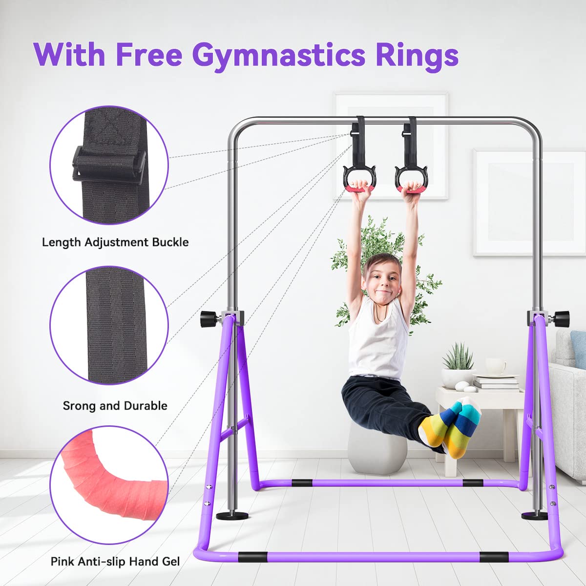 FBSPORT Gymnastics Bar, Folding Horizontal Bar Gymnastics Equipment for Kids Home Training, Expandable Gymnastics Training Bar Junior with Adjustable Height for Girls Boys