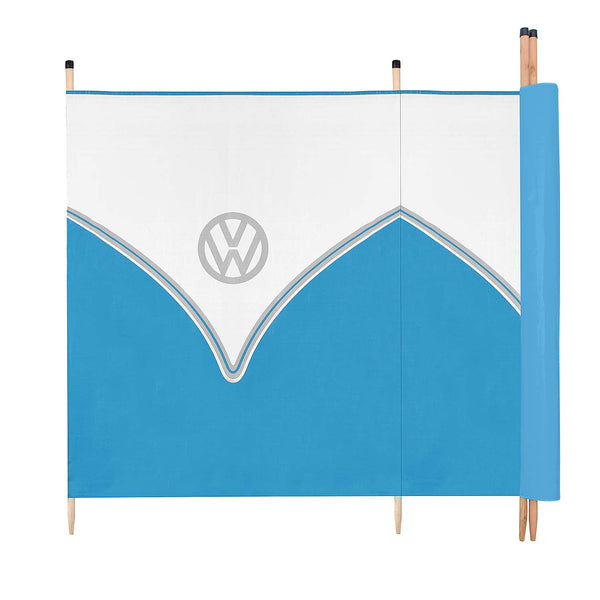 Board Masters Volkswagen Windbreak for Beach, Camping or Garden, VW 4 Pole Windbreaker Camping Sun Shade, Wooden Poles, L290cm x H120cm, Blue
