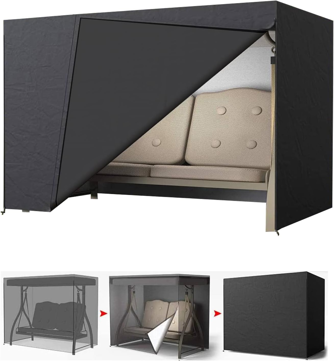 LCGOD Garden Swing Cover 3-Seater Waterproof Hammock Cover with Zips, Black 600D Oxford Fabric Outdoor Swing Seat Cover Dustproof Snowproof Windproof