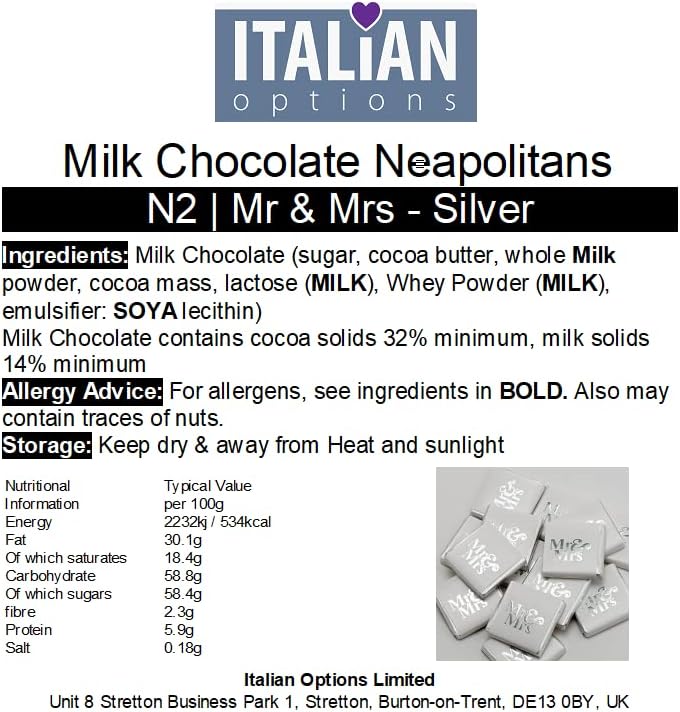 Italian Options Silver Mr & Mrs Wedding Chocolate Neapolitans (100 Chocolates)