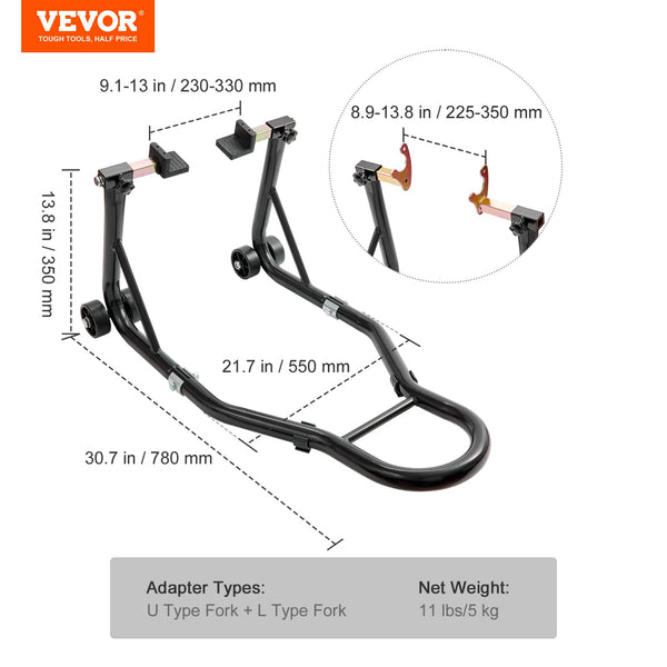 VEVOR Motorcycle Rear Wheel Stand, with U + L Fork Swingarm Spool, 390 kg Capacity Heavy Duty Rear Wheel Stand Motorcycle Lift Jack Stand, for Suzuki Yamaha Honda Kawasaki, Black
