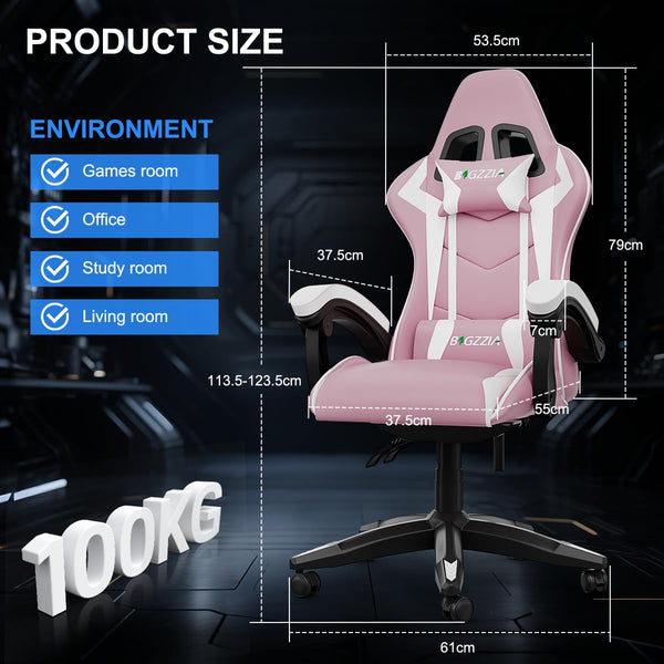 bigzzia Ergonomic Gaming Chair - Gamer Chairs with Lumbar Cushion + Headrest, Height-Adjustable Office & Computer Chair for Adults (without footrest, White)