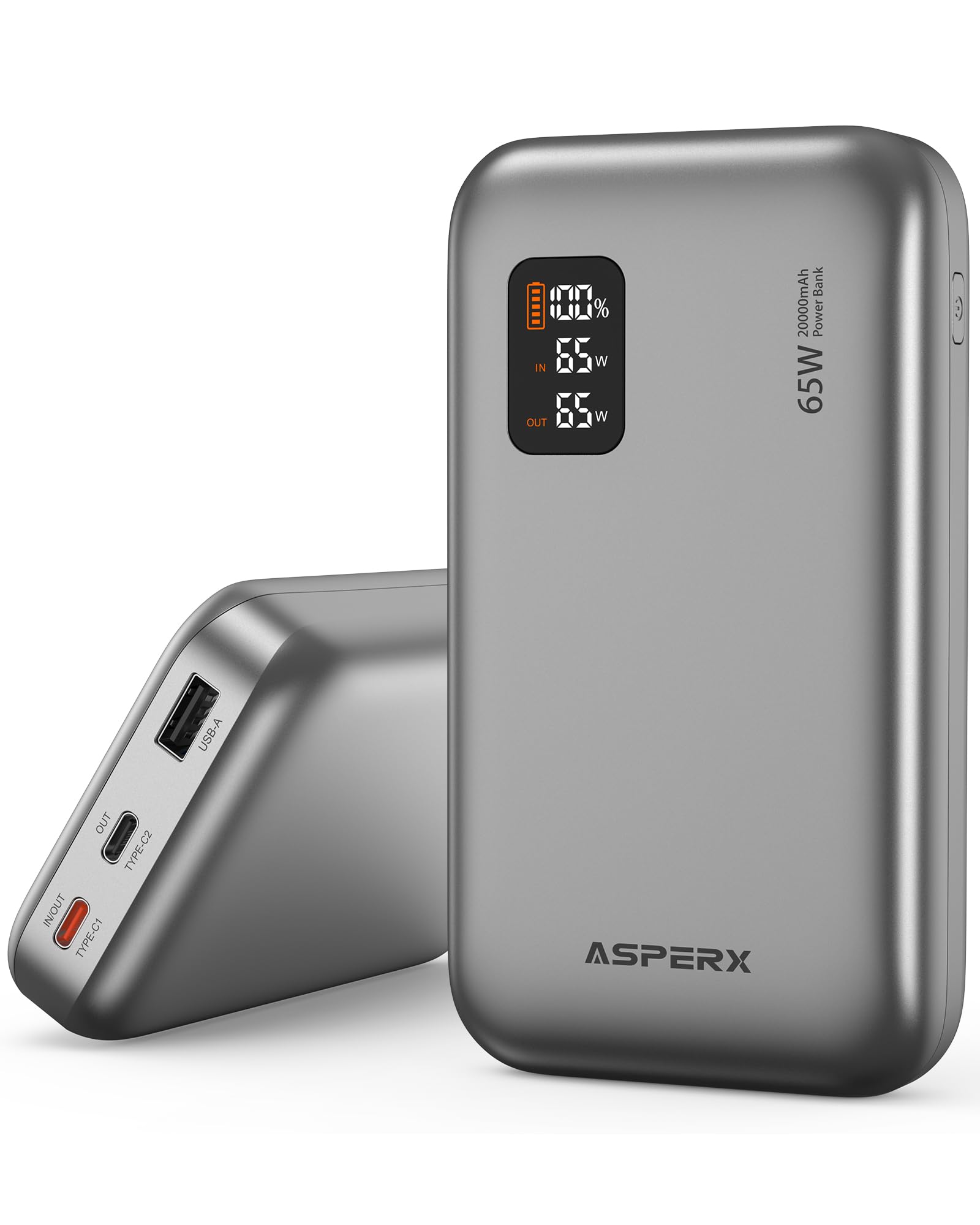 ASPERX 65W 20000mAh Power Bank Fast Charging, Laptop Portable Charger with Smart Digital Display, USB C PD Battery Pack for iPhone 16/15/14/13, Samsung Galaxy, Dell, iPad, AirPods, etc.