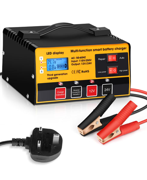 Outerman Car Battery Charger,12V-12A/24V-8.5AMP Smart Automatic Battery Charger,High/Low Power Trickle Charger Battery Maintainer,for Car Motorcycle Lawn Mower Marine