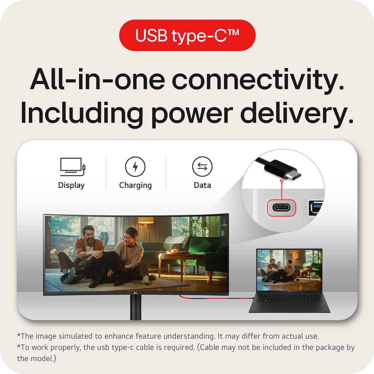 LG Electronics Curved UltraWide Monitor 34WR55QK, 34 inch, 1440p, 100Hz, 5ms Response Time, VA Panel, Smart Energy Saving, USB-C (65W Power Delivery), Displayport, HDMI