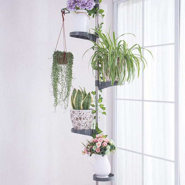 Hershii 5-Layer Indoor Plant Stand Pole Spring Tension Rod Corner Flower Display Rack Holder Adjustable Telescopic Floor to Ceiling Shelf Space Saving
