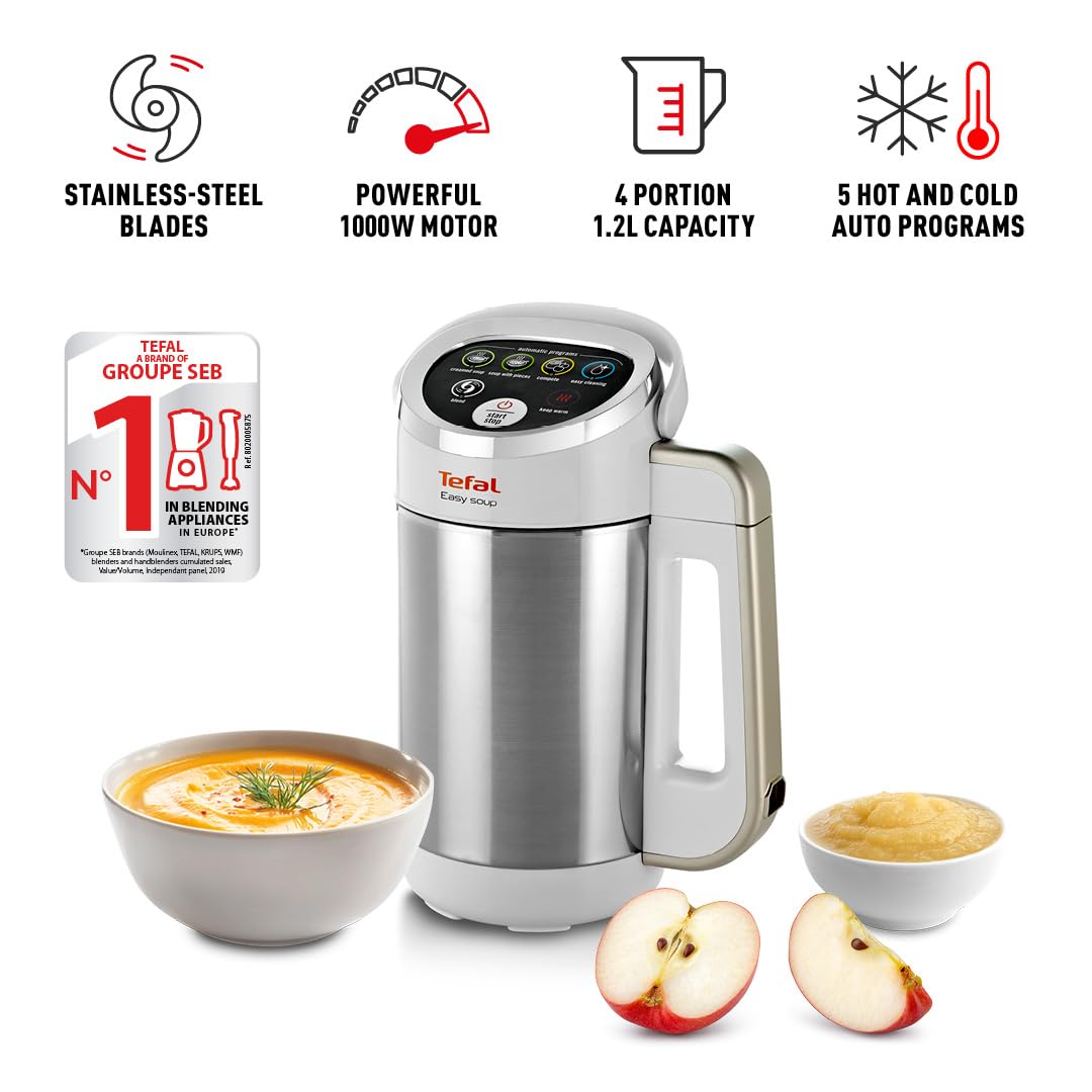 Tefal Blender & Soup Maker Perfectmix Cook, 2L, 10 Auto Programs, Smoothie Maker, Removable Blades, Cleaning Program & Brush, Glass Jug, Tamper, Hot & Cold Kitchen Blender, Cooking, BL83SD65