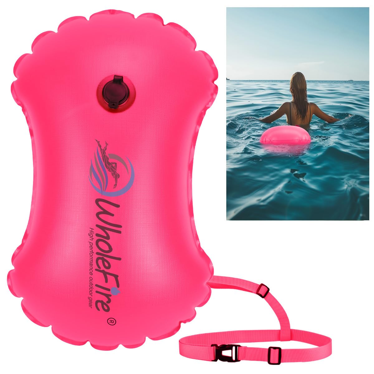 WholeFire 20L Swim Buoy Waterproof Inflatable Dry Bag Swim Safety Float for Water Sports, Open Water Swimmers, Triathletes, Kayakers and Snorkelers