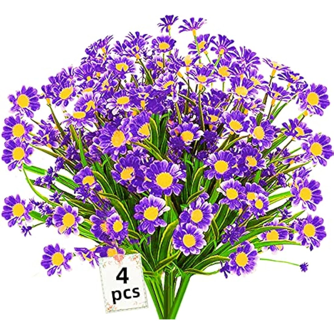 4PCS Artificial Daisy Flowers Outdoor Spring Summer Decoration UV Resistant Fake Flowers Faux Plastic Greenery Shrub Plant Indoor Outside Hanging Garden Home Porch Wedding Party Decor (Purple)