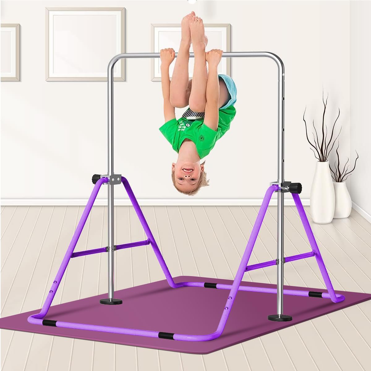 FBSPORT Gymnastics Bar, Folding Horizontal Bar Gymnastics Equipment for Kids Home Training, Expandable Gymnastics Training Bar Junior with Adjustable Height for Girls Boys