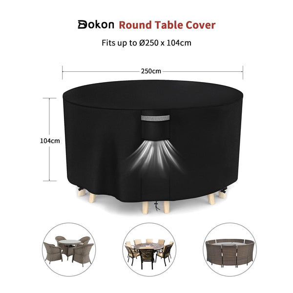 Dokon Garden Furniture Covers Waterproof, Garden Table Cover with Air Vent, Heavy Duty 420D Oxford Fabric Windproof Anti-UV Outdoor Table and Chairs
