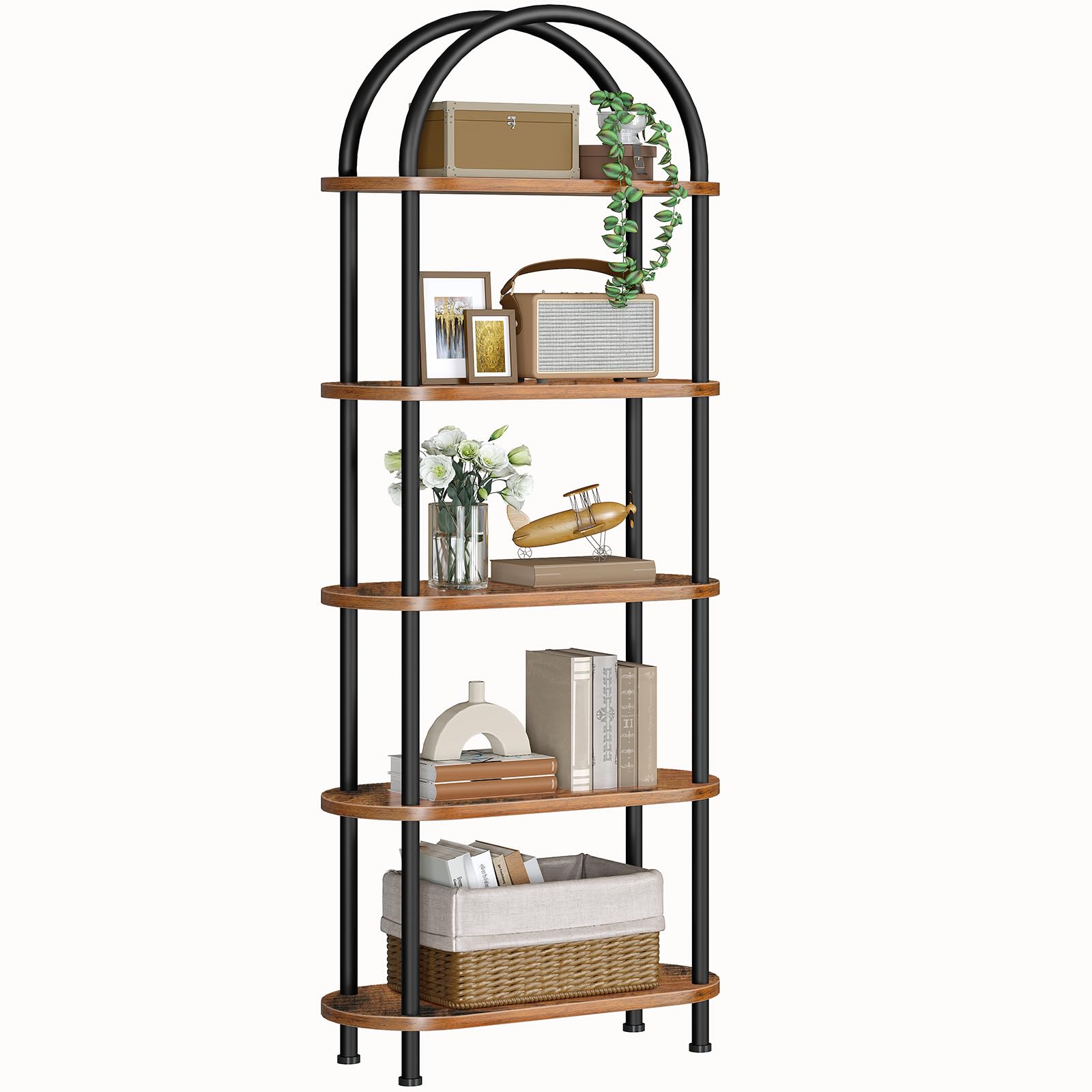 HOOBRO 5-Tier Book Shelf, Bookcase with Steel Frame, Industrial Arched Standing Ladder Shelf, Tall Storage Organizer, Storage Shelves for Living Room,