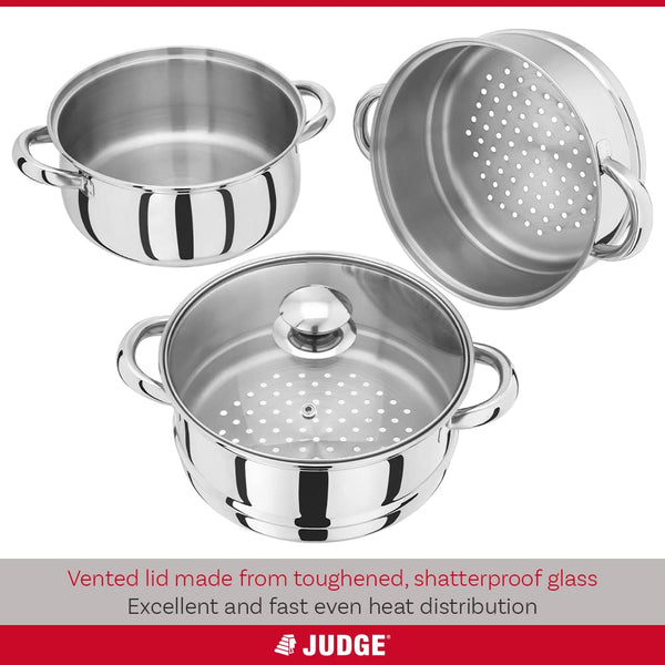 Judge Essential 3-Tier Stainless Steel Steamer - Thermic Based & Vented Glass Lid, Oven-safe Vegetable Steam Cooker with Cool Handles