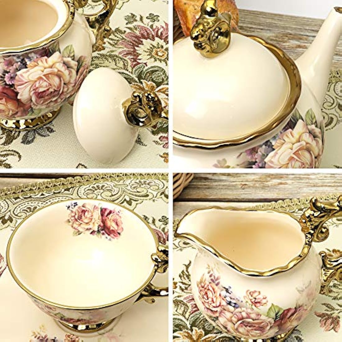 fanquare 15 Pieces British Royal Afternoon Tea Set, Floral Golden Porcelain Tea Cups and Saucers with Teapot, Elegant Wedding China Tea Service for Adults