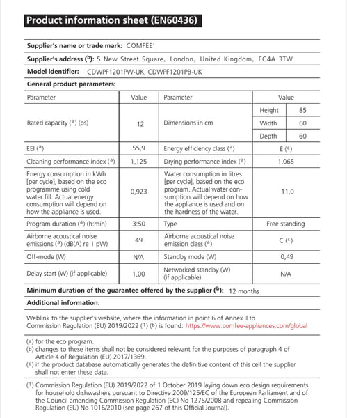 COMFEE' Freestanding Dishwasher CDWEF1034BW-UK 45cm Width, Slimline Dishwasher with 10 place settings, Quick Wash, Hygiene Wash, Delay Start, Half Load, Adjustable Basket - White