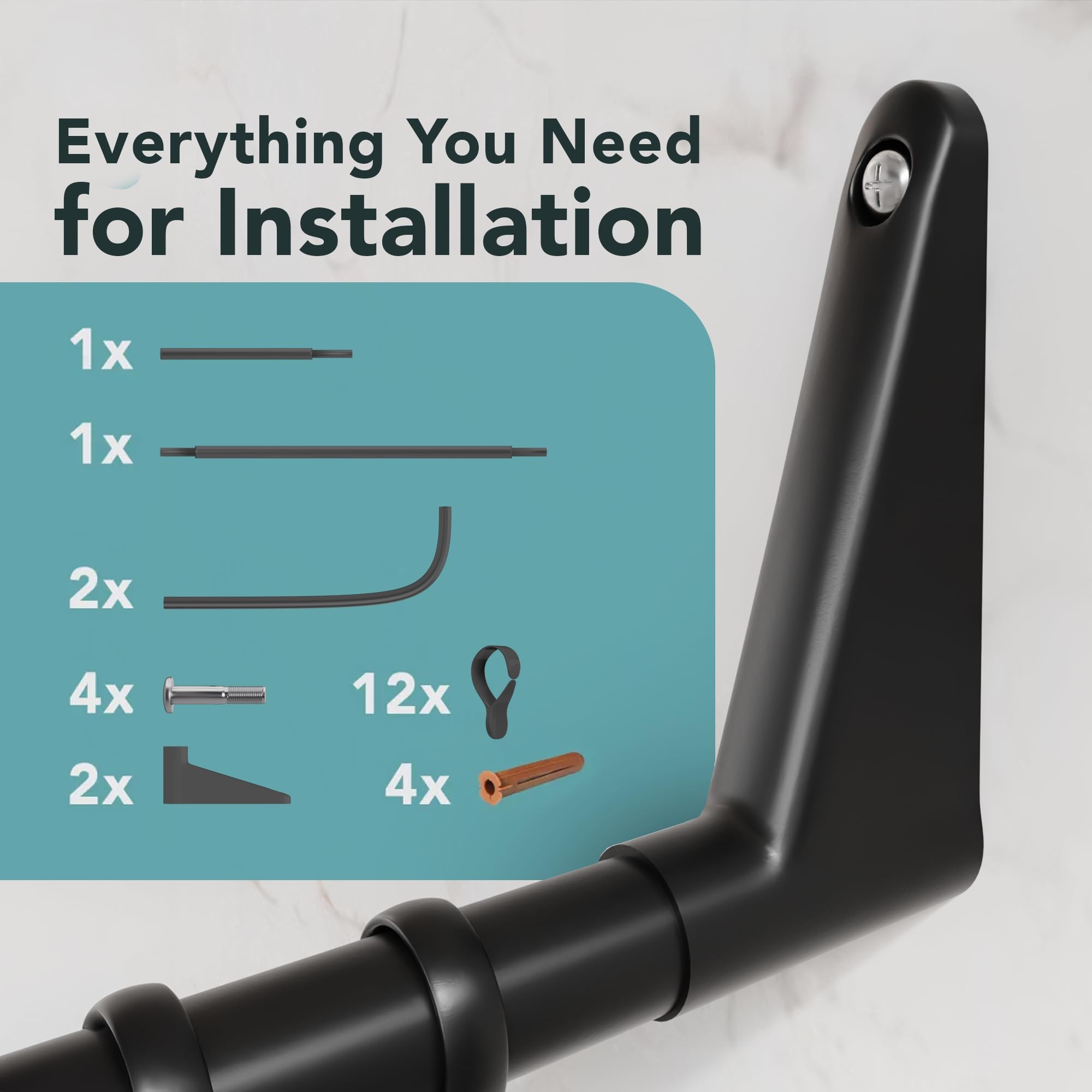 Erica U-Shaped Shower Curtain Rail, Black Powder Coated Steel, Wall Mounted, 70x165x70 cm